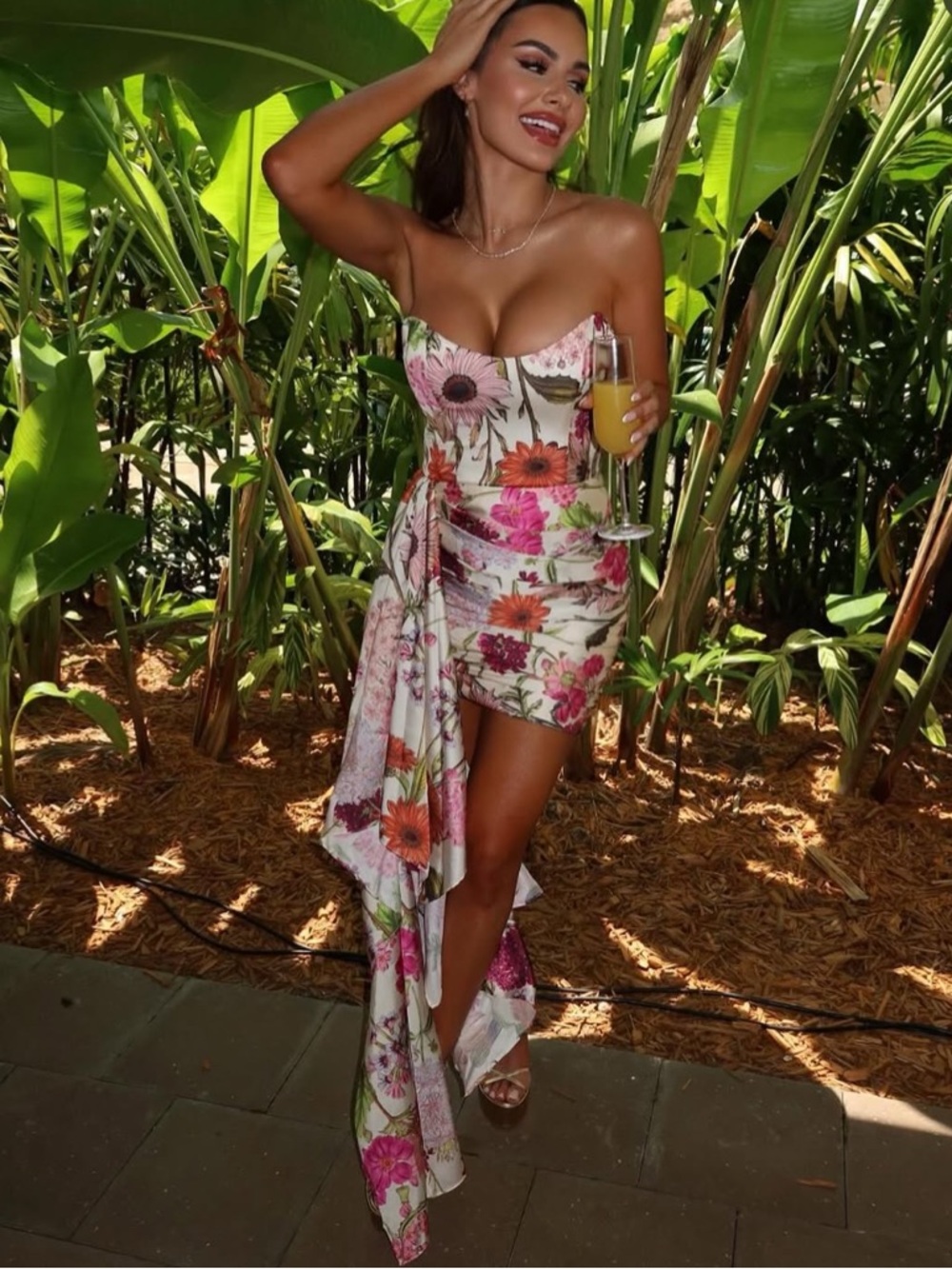 Katie May Strapless Floral Mini Dress in White with Pink & Orange Flowers